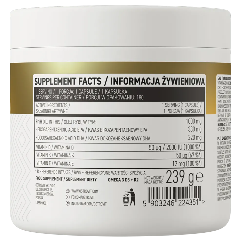 OstroVit Omega 3 D3+K2 180 kapsułek